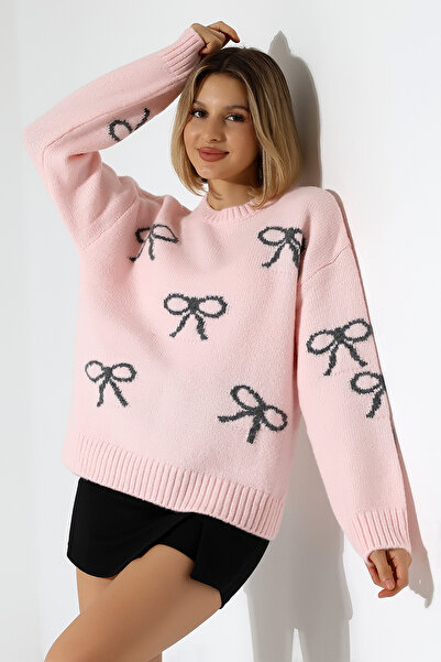 Devinka Kadın Pembe Fiyonk Desenli Triko Kazak