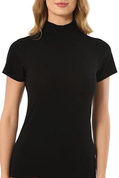 Jiber Women's Black Modal Turtleneck Half Sleeve Bodysuit 562