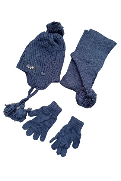 alpmodel Coat of Arms Inside Fleece Inside Ears Covered Beanie Scarf Gloves Set Boys Set 4-8 Years Old