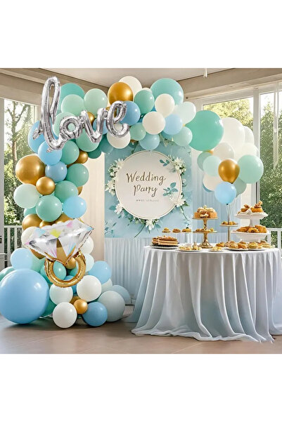Çemrek Süs Parti Mint Blue White Gold Chrome Balloon Set 100 Pcs