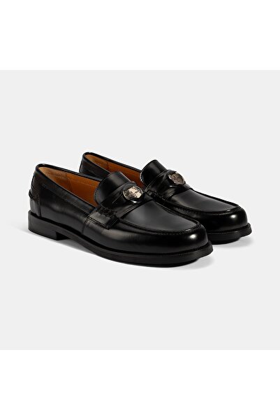 Desa Women's Black Leather Loafer with Metal Buckle Detail