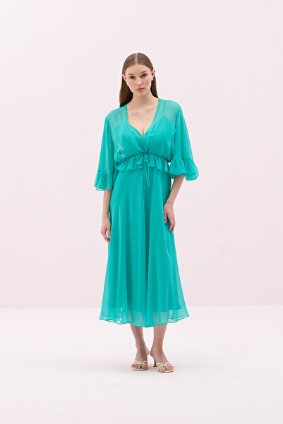 Roman Midi Boy Şifon Elbise Turkuaz Y2511523_029