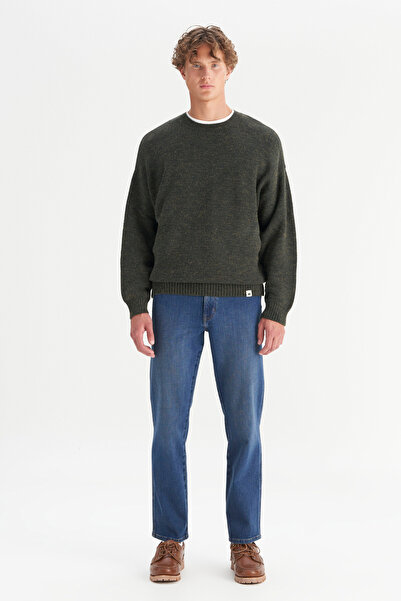 WRANGLER Relaxed Fit Wide Cut Crew Neck Dark Green Knit Sweater