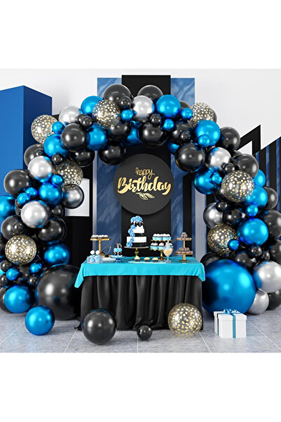 Çemrek Süs Parti مجموعة سلسلة بالونات باللون الأزرق الداكن والأسود والفضي وال...