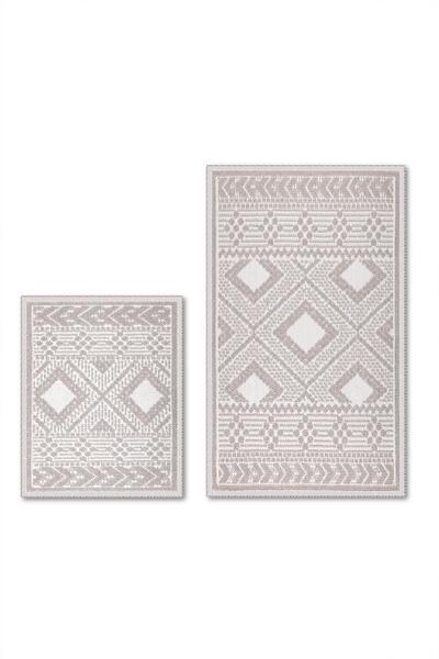 Bluenity Bukle Bohemian Natural Cotton 2-Piece Bath Mat Set 60X100+50X60 cm - Stone