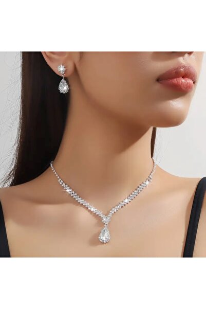 shopidik طقم مجوهرات نسائي من الكريستال على شكل دمعة - للزفاف والحفلات