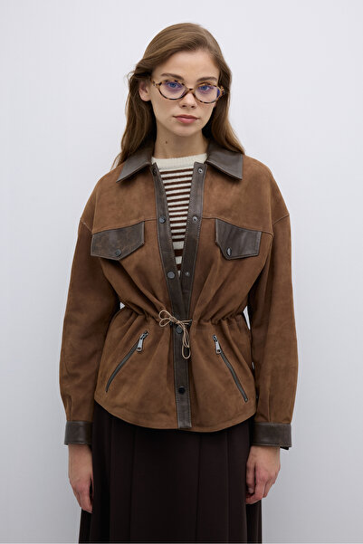 Roman Beli Büzgülü ve Çıtçıt Detaylı Süet Mont Vizon Y2551001_014