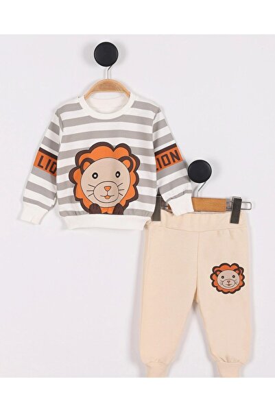 voyyo kids baby Lion Patterned Baby Set (3-18 Months) - Striped Long Sleeve Sweatshirt and Sweatpants