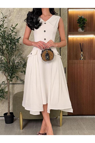 TREN White Asymmetric Hem Midi Dress Sleeveless Button Front Vintage Style Ev...