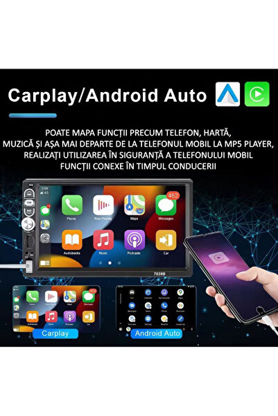 MaxTech MP5 Player universal Carplay si Android auto 1 Din, MaxTech®, display HD de 7 inch, Aux, Card SD