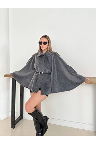 ZF BUTİK Belt Detailed Cashmere Cape Jacket