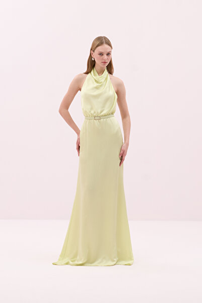 Roman Beli Kemerli Degaje Yaka Saten Elbise Sarı Y2511329_009