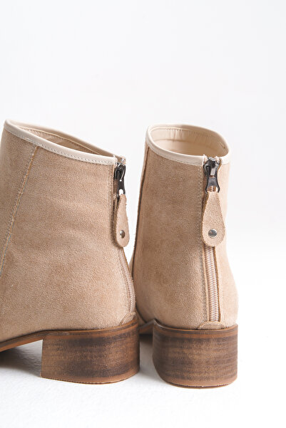 LDR Kadın Bej Süet Kısa Topuklu Fermuarlı Bot