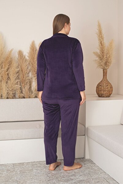 Asel Plus Size Purple Color Button down Long Sleeve Velvet Pajamas Set