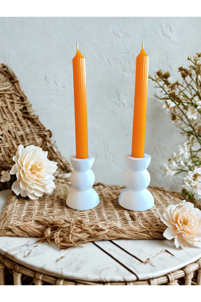DRN Mumlar Dahil 2' li Pinterest Model Beyaz Şamdanlık ve Çizgili Turuncu Şam...
