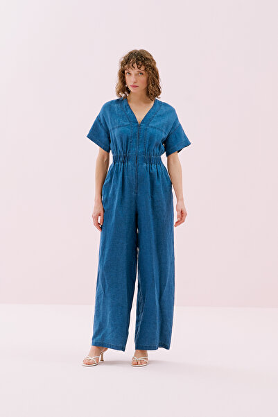 Roman Önü Fermuarlı Geniş Paça Keten Tulum İndigo Y2512405_043