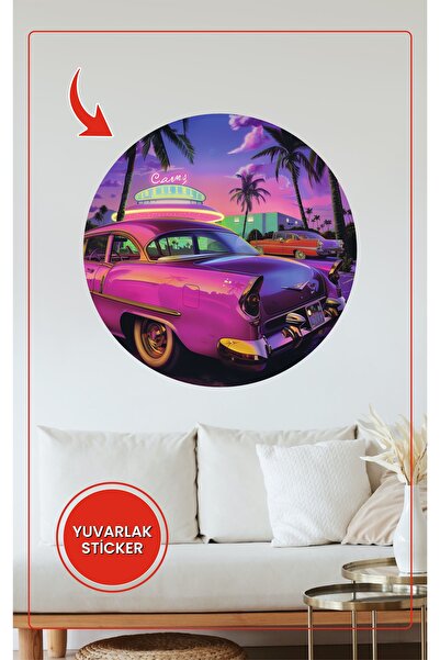 KOSS Dijital Autocolant rotund pentru mașină retro, design cu palmier și neon...