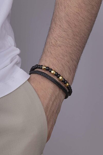 Gümüş Pazarım Double Row Men's Leather Bracelet with Steel Apparatus and Onyx Stone