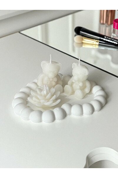 afezba Kalp Beton Takı Tabağı Üstünde 2 Adet Ayıcık ve 1 Adet Çiçek Mum