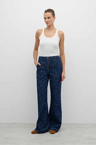 Roman Önü Metal Fermuarlı Çift Cepli Geniş Paça Pantolon İndigo K2612013_043