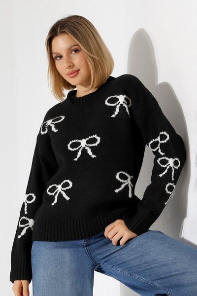 Devinka Pulover de tricotat cu model cu fundă neagră pentru femei