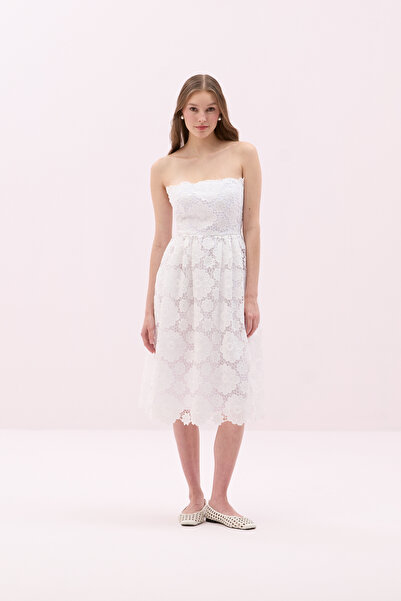 Roman Çıkarılabilir Askılı Straplez Detaylı Midi Boy Elbise Beyaz Y2511508_002