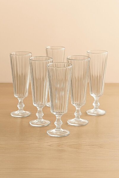 İLİVA 6 lı Şeffaf Flüt Kahve Yanı Su Bardağı Zarif Çizgili Tasarım 140 cc