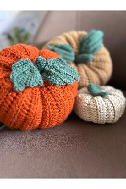 Patiska Tasarım El Yapımı Örgü Balkabağı Dekoratif 3'lü Yastık – Halloween Te...