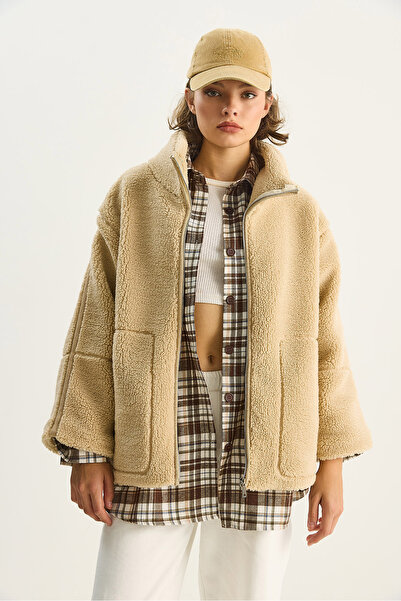 Bianco Lucci Palton de pluș pentru femei, cu detaliu de buzunar, căptușit cu fermoar, cu guler în picioare 60283631