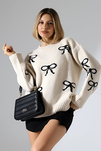 Devinka Pulover de tricotat cu model cu fundă bej pentru femei