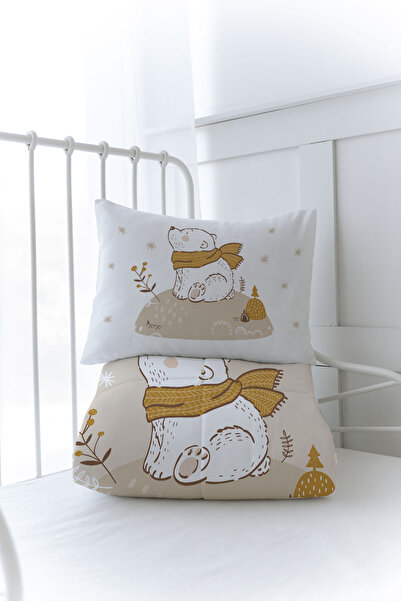 Tuğba Kuğu Organic Printed Baby (100X150) Quilt Set - for Baby Series - Brown Scarf Bear