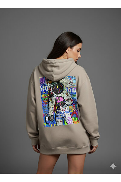 By Caspita Fashion Lenithra Astronaut Pop Art Back Printed Unisex Oversize Beige Hoodie