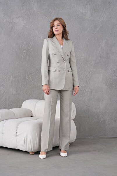 nodilife Gold Düğmeli Yünefekt Kadın Takım Elbise Fıstık Yeşili