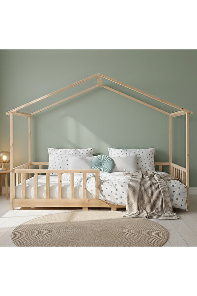 Kukka KCB360 Doğal Ahşap Çatılı Dönüştürülebilir Montessori Yatak 120 x 200 cm