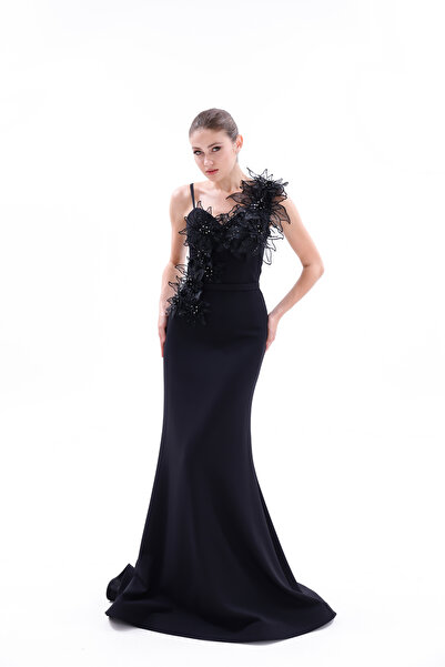 BDM Exclusive Çiçek Aplikeli Taş İşlemeli İnce Askılı Uzun Krep Abiye Elbise