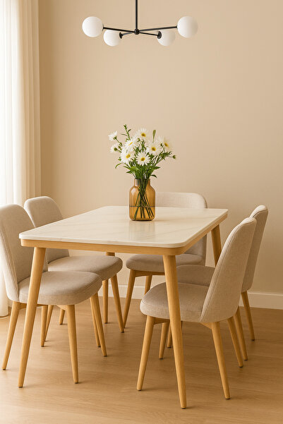 MARIA HOMES طاولة طعام مستطيلة بسطح من الرخام الأبيض وأرجل من الخشب الفاتح - ١٢٠×٧٠×٧٦ سم