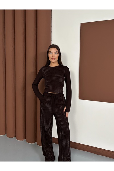 LE CARAMBOLE Γυναικείο σετ με καφέ πέτρα με λεπτομέρεια από ύφασμα Modal, επάνω και κάτω μέρος