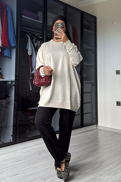 megapol giyim Women's Ecru Stone Detailed Long Sweater