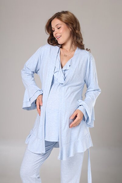 Lohusa Dünyasi i Kadın Mavi Kruvaze Pamuklu Uzun Kol Lohusa Hamile 3'lü Pijama Takım Set