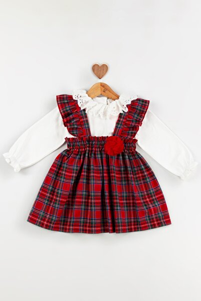 Öztürkpartievi Red Plaid Girl's Skirt and Shirt Set