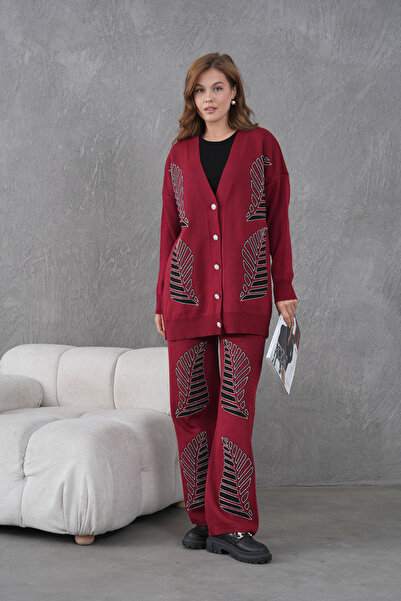 Miss Allos Women's Beaded and Embroidered Wide-Fit Knitwear Cardigan and Pants Top and Bottom Set