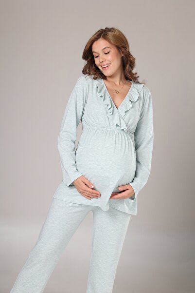 Genel Markalar i Kadın Mint Yeşili Kruvaze Pamuklu Uzun Kol Lohusa Hamile 3'lü Pijama Takım Set