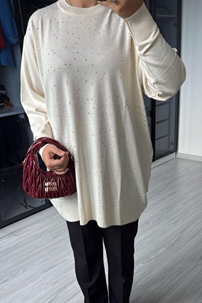 megapol giyim Women's Ecru Stone Detailed Long Sweater