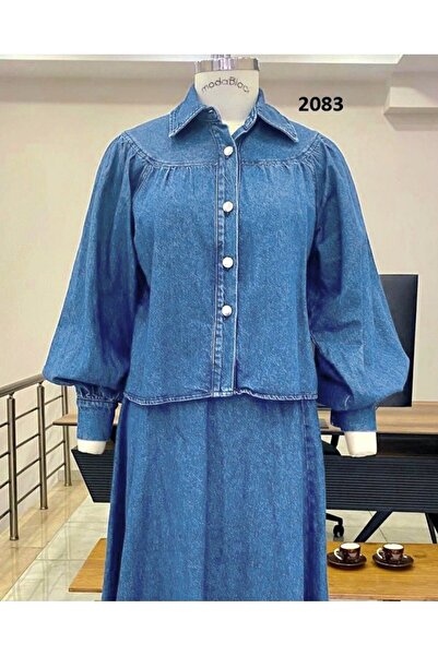 Modamorfo Beli Belted Buttoned Front Skirted Denim Suit - Indigo