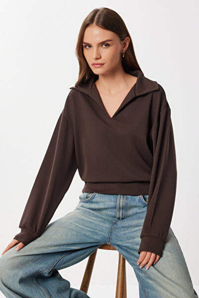 Lovelyİstanbul Polo Yaka Yumuşak Modal Sweatshirt LUB0253 KAHVERENGİ