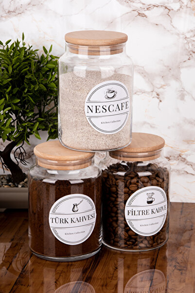 Minya Home 3 Adet 800 ml Ahşap Vakum Kapaklı Kahve Köşesi Seti Cam Kavanoz Etiket Hediyeli Kahve Seti