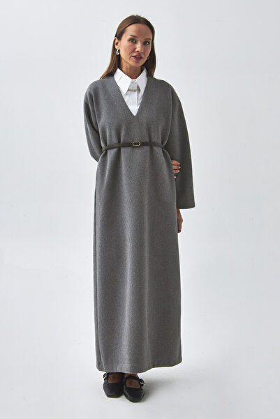 ZÜLAYS V Yaka Çizgi Dokulu Elbise Antrasit