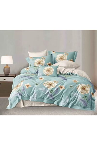 LOCK طقم سرير زهري أزرق مخضر - نقشة زهور باللونين الأبيض والبني - ناعم وأنيق