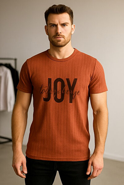 RANDOM Erkek Kiremit Rengi Rahat Kalıp Önyüzü Baskılı Tişört