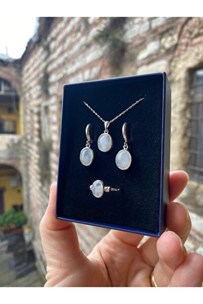 By Atölye Doğal Ay Taşı 925 Ayar Gümüş Ay taşı Takım & Set